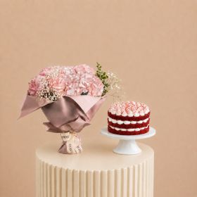 Cotton Pink Bouquet with Red Velvet Cake