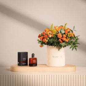 Sunset Orange Floral Arrangement with Emporio Armani Stronger With You Absolutely EDP for Men – 100 ml